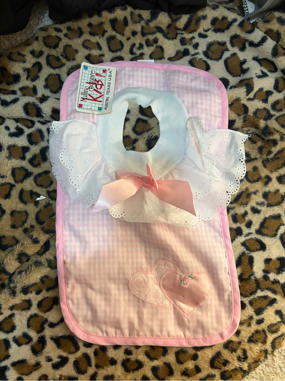 Vintage Pink Gingham Bib with Lace Ruffle and Bow
